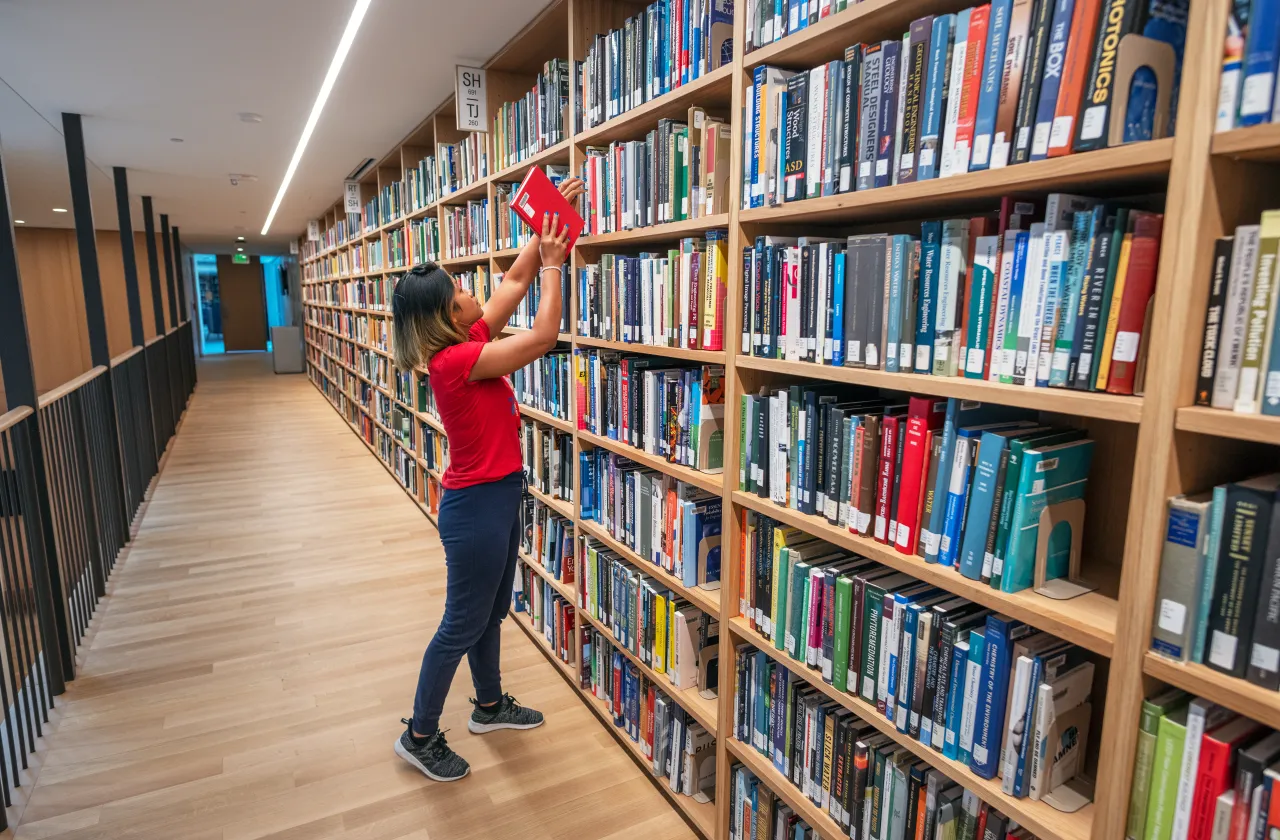 A student grabbing a book off a shelf in the library.