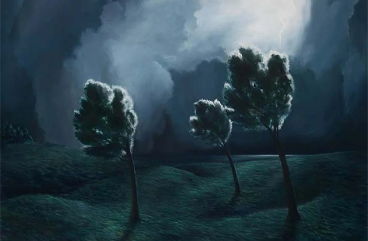 April Gornik, American, born 1953, Trees in a Storm; New York State; oil on canvas,1982, Gift of Laura and Steve Riggio.