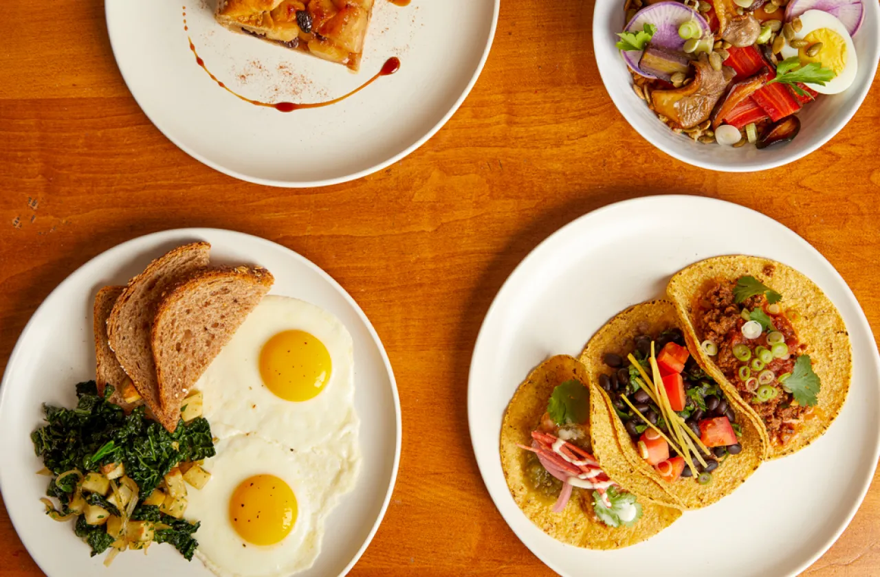 Four plates, apple galette, breakfast, tacos and grain bowl