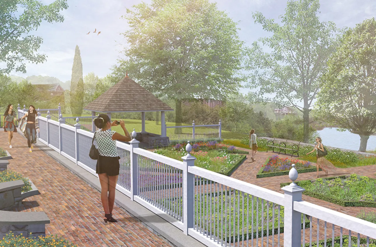 An architect's drawing displays features of the newly renamed Happy Chace '28 Garden adjacent to the President's House.