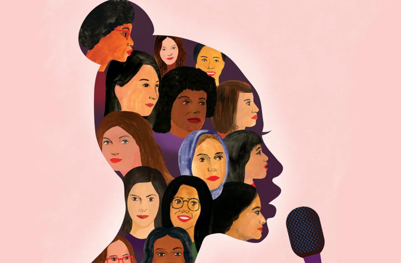 An outline of a head filled with drawings of diverse faces