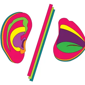 Vibrant line art of an ear and an open mouth, separated by a forward slash