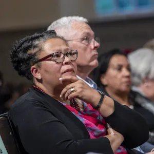 Sarah Willie-LeBreton listening during a lecture.