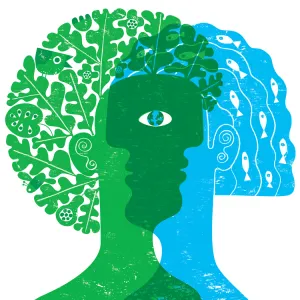 Two heads intertwined at their faces, one green with biological life in their hair, one blue with fish in their hair. Their overlapping eye is a planet earth