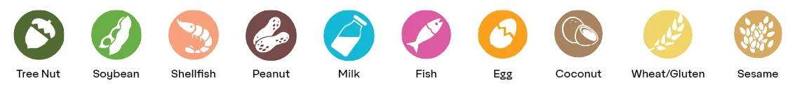 Food allergy labels, in order: tree nut (acorn symbol on dark green), soybean (beanpod on light green background), shellfish (shrimp on peach-colored background), peanut (peanut on dark brown background), milk (milk bottle on light blue background), fish (fish on pink background), egg (cracked egg on orange background), coconut (coconut on light brown background), wheat/gluten (wheat sheaf on yellow background), and sesame (seeds on tan background)