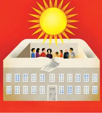 Illustration of a school building embracing a diverse group of people under a bright yellow sun