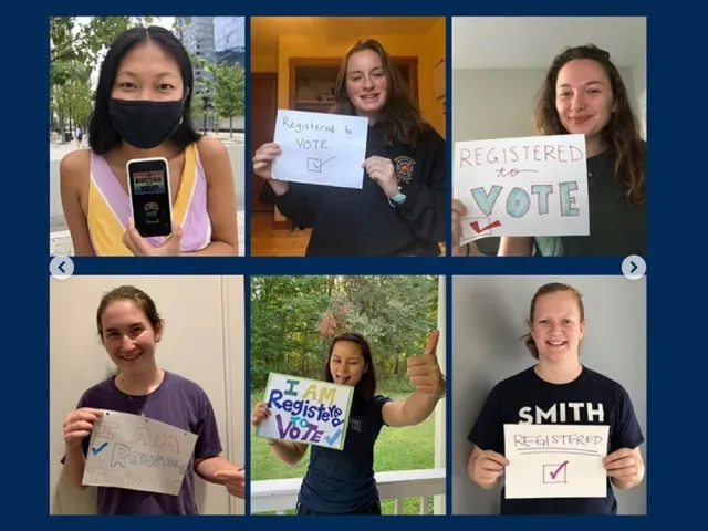 Six students holding up proof that they are registered to vote