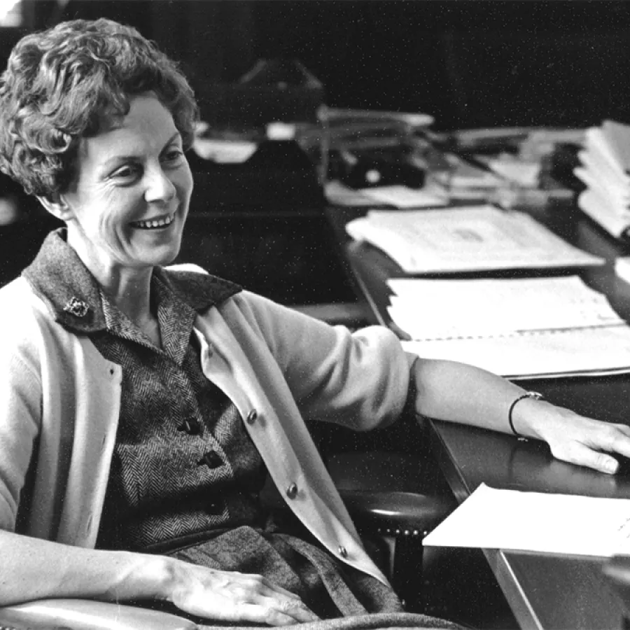 Black and white photo of president emerita Jill Ker Conway