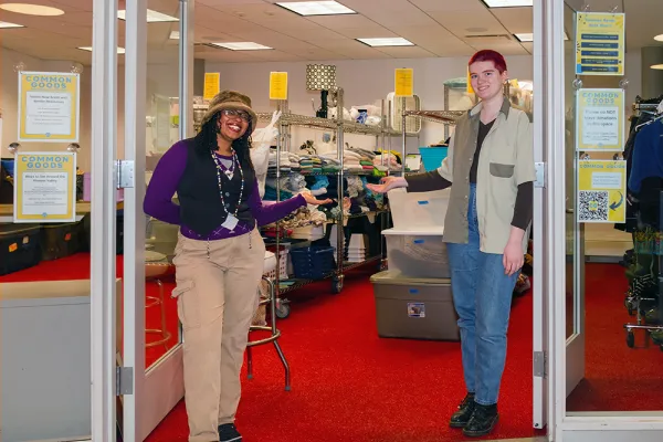 Student workers in front of Common Goods Resource Center