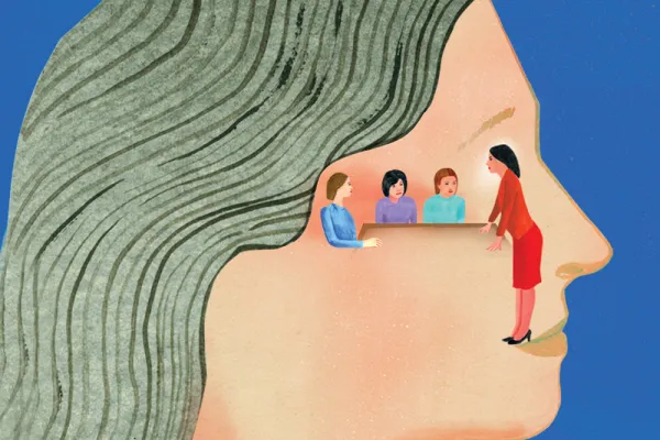 Illustration of a person with four people where the eye should be. A person in a red dress stands intimidatingly over the three seated