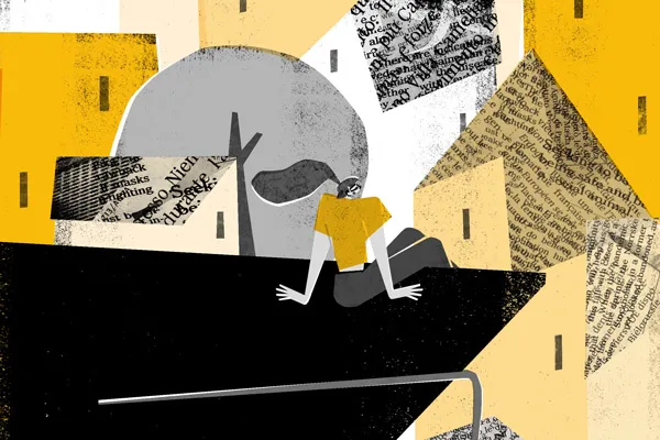 Illustration of a person with a pony tail sitting on a graduation cap with buildings spread out before them