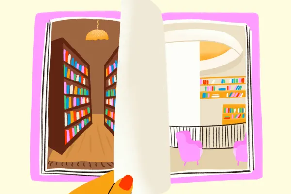 Illustration of a hand with red nail polish turning a page between a library shelf with books and the new Neilson oculus