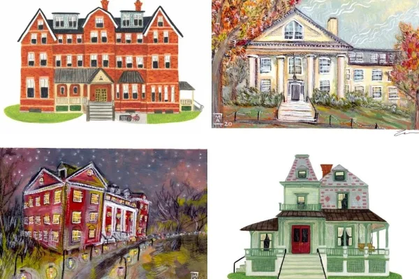 Grid of four watercolors of Smith houses