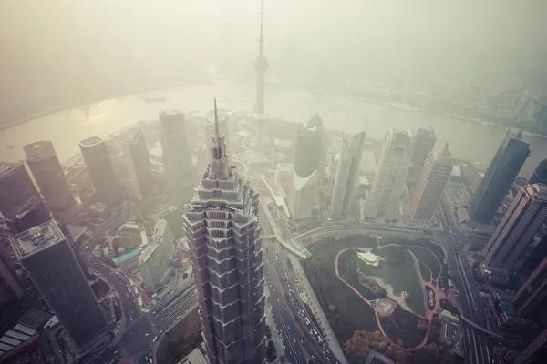 A view of Chinese skyscrapers surrounded by hazy smog