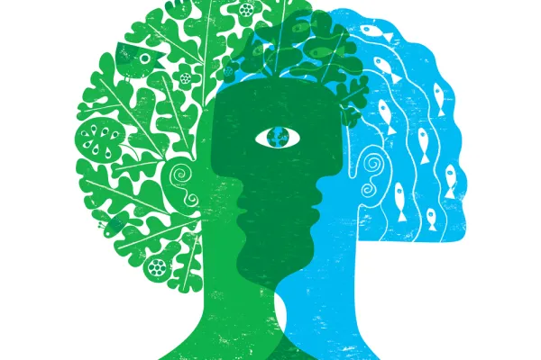 Two heads intertwined at their faces, one green with biological life in their hair, one blue with fish in their hair. Their overlapping eye is a planet earth