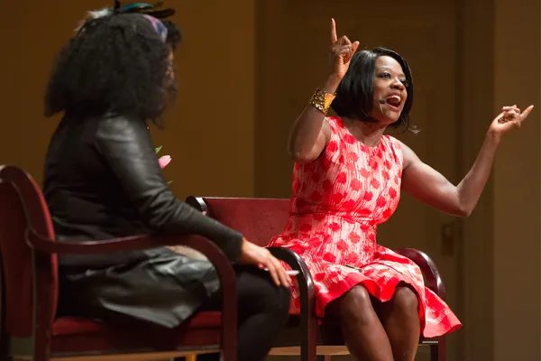 Smith Professor Andrea Hairston (left) on stage with Viola Davis