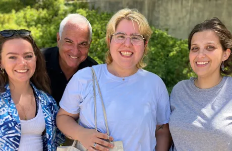 Jessica Johnson '23, Annie Slate '24, and Dora Kianovsky '23 with Professor Justin Cammy learning at the Tel Aviv University Yiddish summer program, July 2023. 