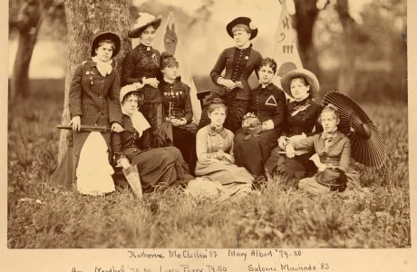 Smith College students outside on Mountain Day in 1880