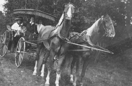 Smith students in a horse-drawn carriage on Mountain Day in 1909