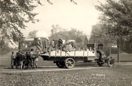 The Smith College Outing Club on a flatbed truck on Mountain Day in 1925