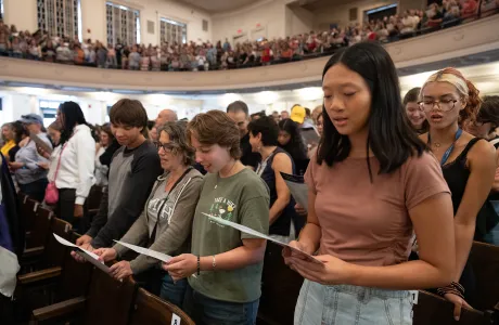 Students gather in John M. Greene Hall for the President's Welcome Assembly