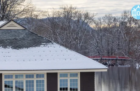 The boat house covered in snow
