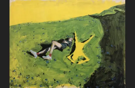 Oil on panel painting of two people lying on the grass, by Mary McGing '21.