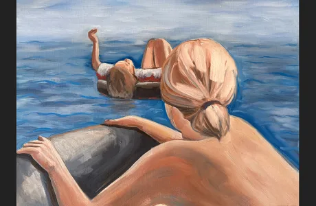Oil painting of two people swimming by Mayellen Matson '21