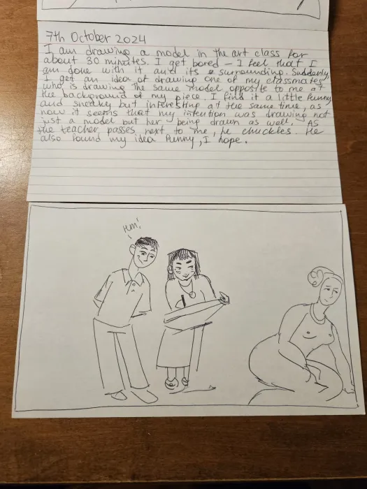 Zine Things That Happen When I Was Wearing This Dress with text and drawing of student in art class