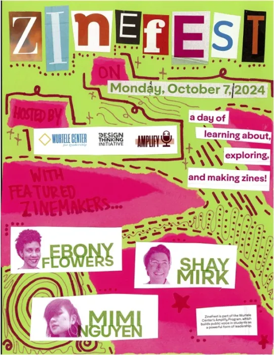 Cover of ZineFest zine by the Wurtele Center Interns with collage in pinks and greens