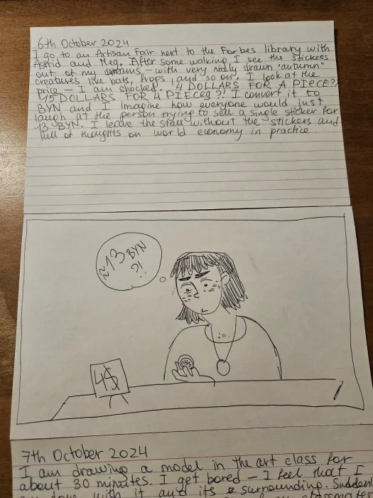 Zine Things That Happen When I Was Wearing This Dress with text and drawing of student looking at sticker