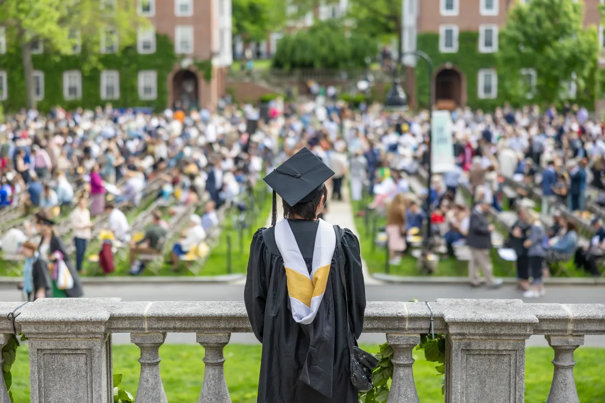 A senior in cap and gown faces away from the camera, looking out into the Quad on Commencement Day