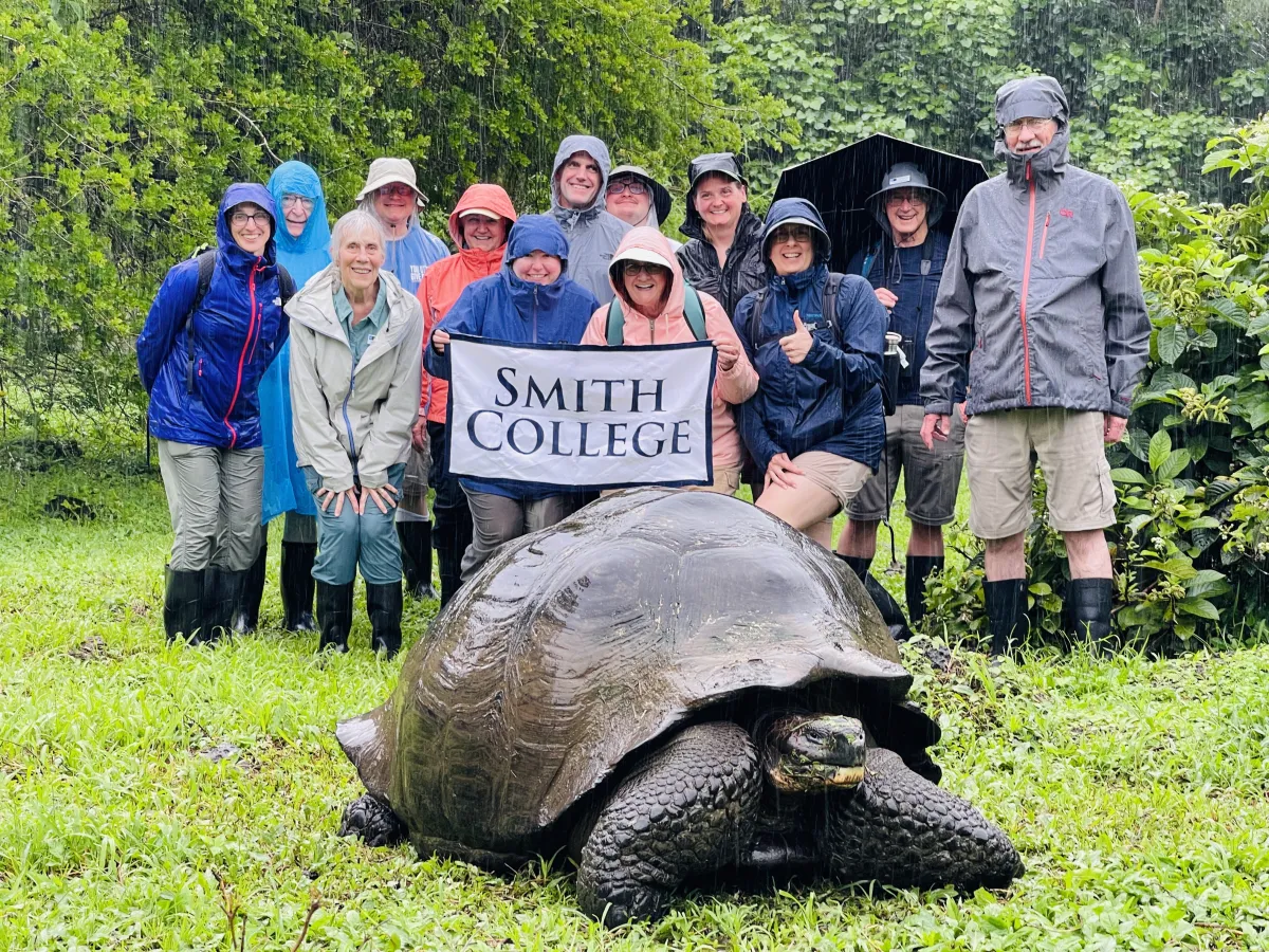 A group of people in raincoats holding a Smith College banner in the Galapagos, with a large tortoise in the foreground