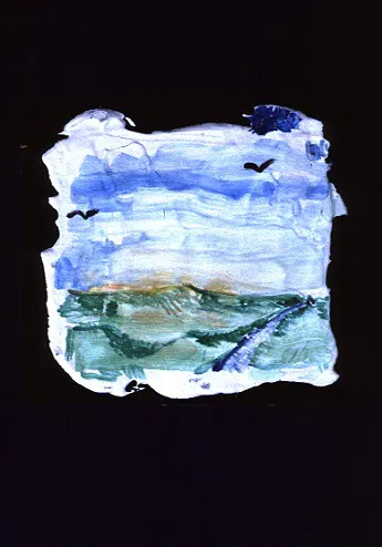 A small, abstract painting depicts a serene landscape with a blue sky, green hills, and birds flying