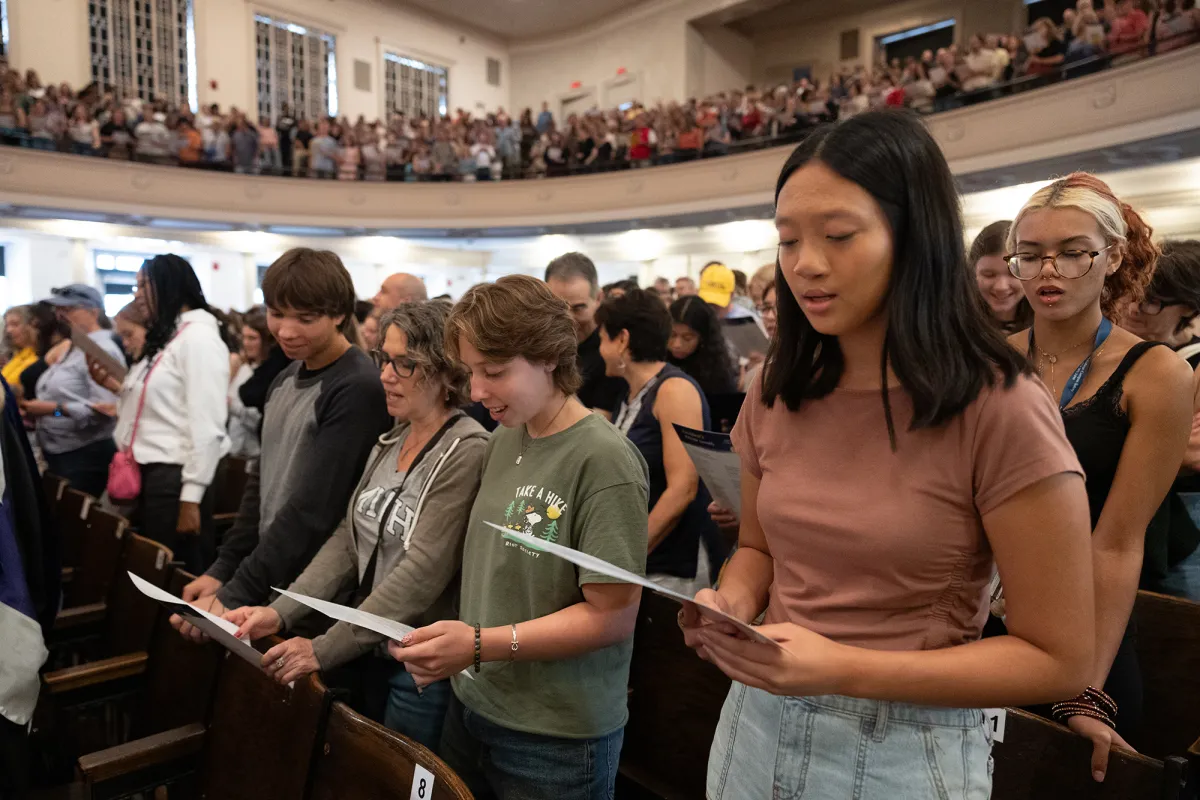 Students gather in John M. Greene Hall for the President's Welcome Assembly