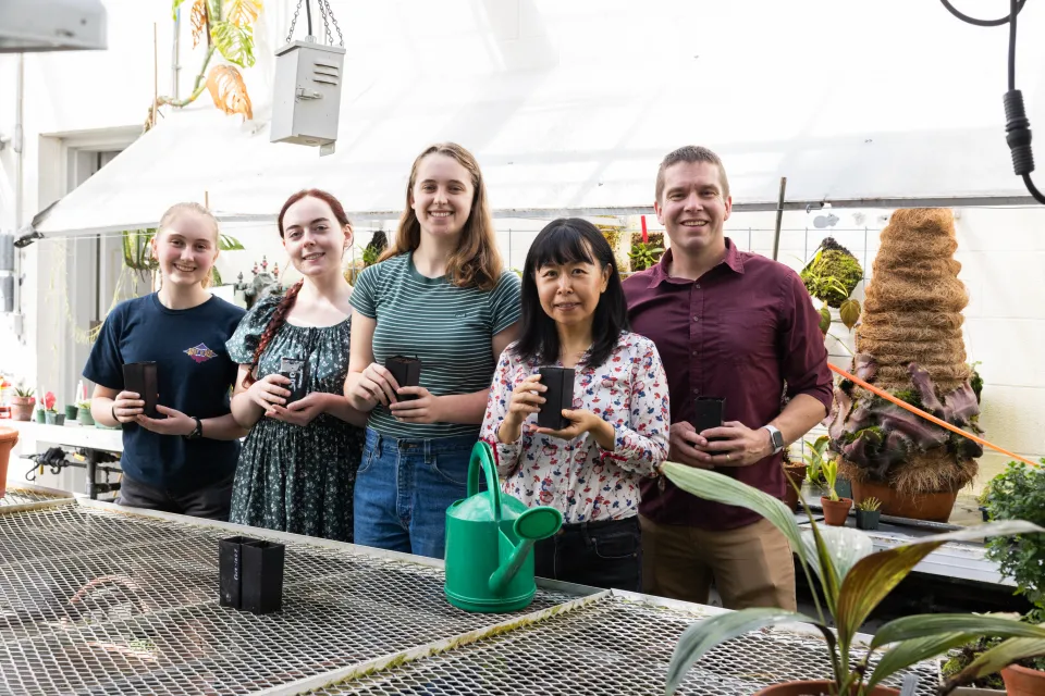 Atsuko Takahashi, John Berryhill, and three Smith students stand in the Lyman greenhouse with newly planted ginkgo seeds in black pots