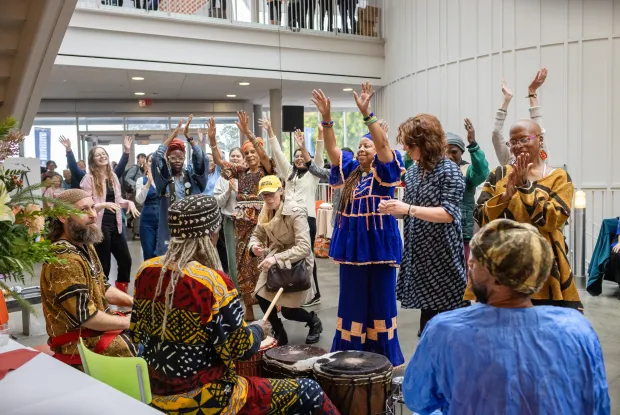 Dancers and drummers perform in the Campus Center
